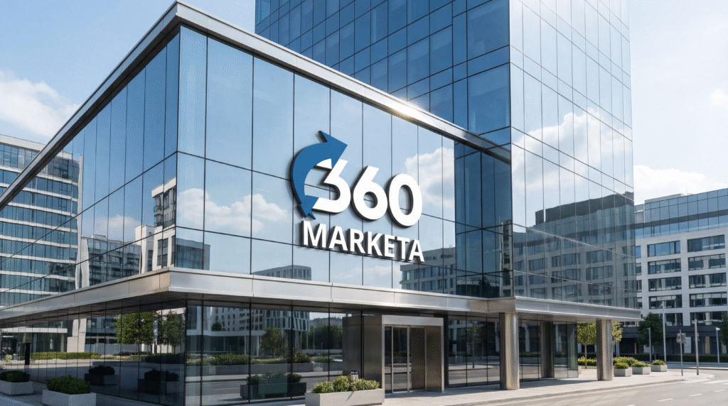 Modern Corporate Building with 360 MARKETA Logo
